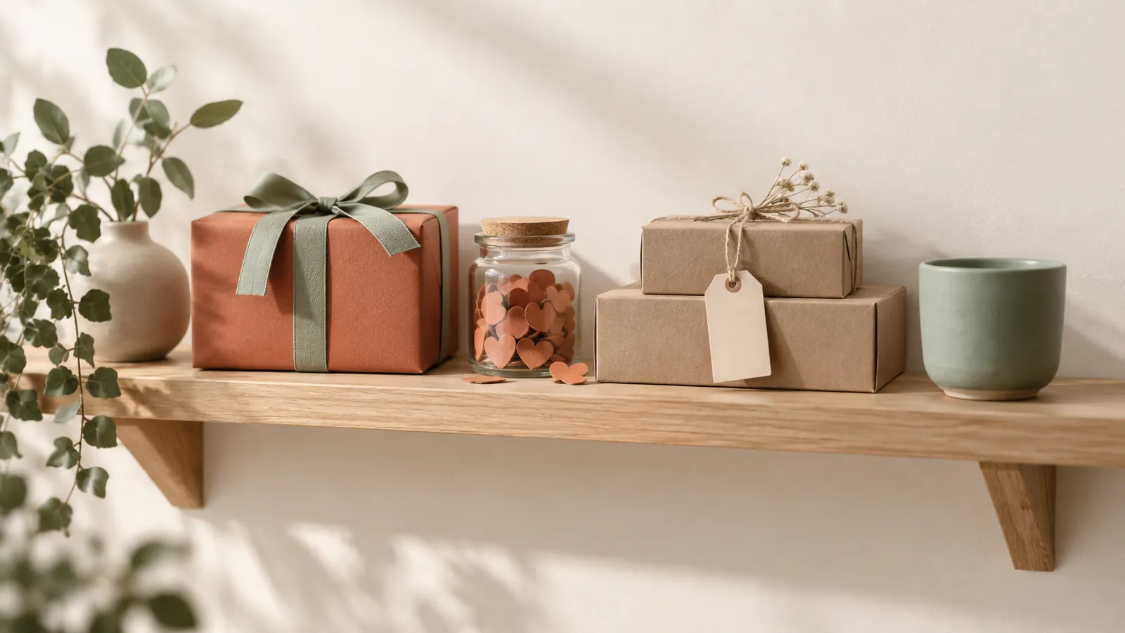 Prateleira de madeira com caixa de presente terracota, pote de corações de papel e caixas kraft